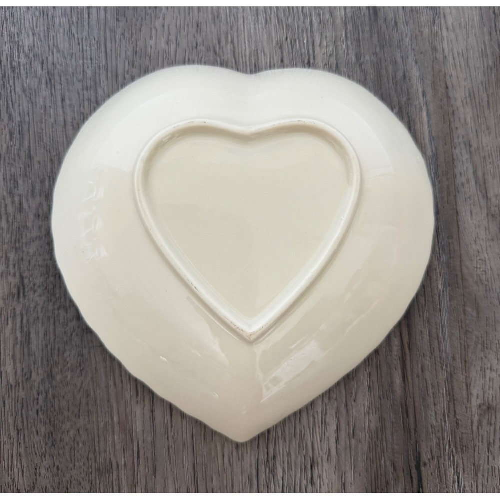 Cream Heart-Shaped Trinket Dish Embossed Roses Gold Trim Romantic Cottage Decor - Picture 5 of 10